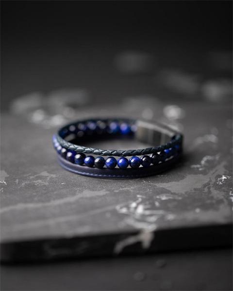 Dreifaches Armband mit 6 mm Tigerauge-Stein und Nappaleder - Triple Blue